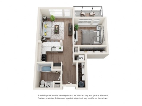 Floor plan for 1 bed, 1 bath, 654 sqft